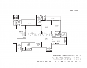 DLF Crest Floor Plan, Tower Block B, Unit Number 1 and 2 and 4, 3087 Square Feet, 3 Bedroom Apartment on First Floor