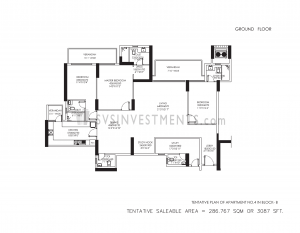 DLF Crest Floor Plan, Tower Block B, Unit Number 4, 3087 Square Feet, 3 Bedroom Apartment on Ground Floor