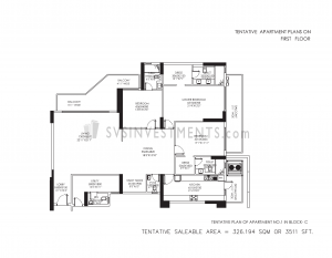 DLF Crest Floor Plan, Tower Block C, Unit Number 1, 3511 Square Feet, 3 Bedroom Apartment on First Floor