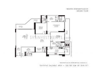 DLF Crest Floor Plan, Tower Block C, Unit Number 1, 3518 Square Feet, 3 Bedroom Apartment on Ground Floor