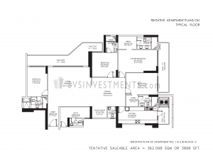 DLF Crest Floor Plan, Tower Block C, Unit Number 1 and 2, 3898 Square Feet, 4 Bedroom Apartment on 2nd to 37th Floor