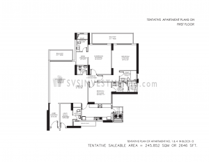 DLF Crest Floor Plan, Tower Block D, Unit Number 1 and 4, 2646 Square Feet, 3 Bedroom Apartment on First Floor