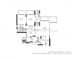 DLF Crest Floor Plan, Tower Block D, Unit Number 2, 2767 Square Feet, 3 Bedroom Apartment on First Floor