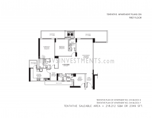 DLF Crest Floor Plan, Tower Block E, Unit Number 2, 2349 Square Feet, 2 Bedroom Apartment on First Floor