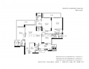 DLF Crest Floor Plan, Tower Block F, Unit Number 2, 3088 Square Feet, 4 Bedroom Apartment on First Floor