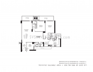 DLF Crest Floor Plan, Tower Block F, Unit Number 4, 2225 Square Feet, 2 Bedroom Apartment on First Floor