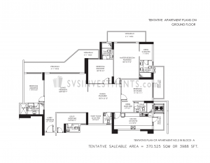 DLF Crest Floor Plan, Tower Block A, Unit Number 3, 3988 Square Feet, 4 Bedroom Apartment on Ground Floor