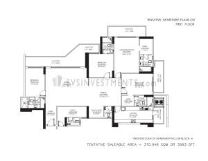 DLF Crest Floor Plan, Tower Block A, Unit Number 3, 3993 Square Feet, 4 Bedroom Apartment on First Floor
