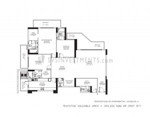 DLF Crest Floor Plan, Tower Block A, Unit Number 4, 3597 Square Feet, 3 Bedroom Apartment on First Floor