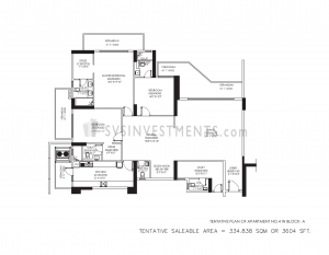 DLF Crest Floor Plan, Tower Block A, Unit Number 4, 3604 Square Feet, 3 Bedroom Apartment on Ground Floor