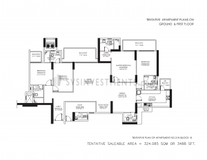 DLF Crest Floor Plan, Tower Block B, Unit Number 3, 3488 Square Feet, 4 Bedroom Apartment on Ground Floor