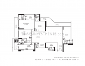 DLF Crest Floor Plan, Tower Block C, Unit Number 2, 3907 Square Feet, 4 Bedroom Apartment on First Floor