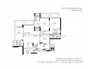 DLF Crest Floor Plan, Tower Block E, Unit Number 3, 3092 Square Feet, 4 Bedroom Apartment on Ground Floor
