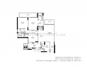 DLF Crest Floor Plan, Tower Block F, Unit Number 1, 2644 Square Feet, 3 Bedroom Apartment on First Floor